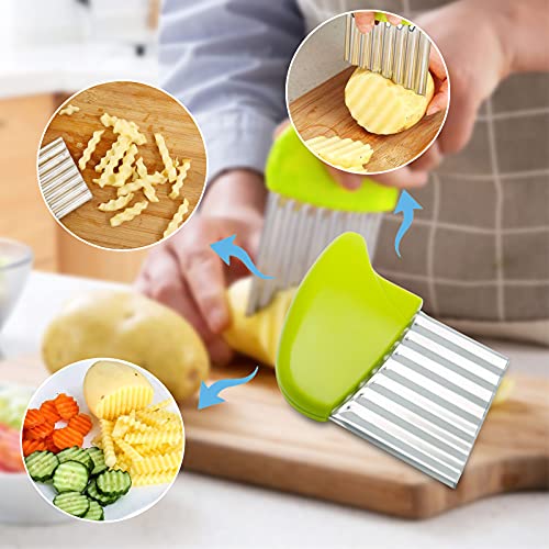Luomorgo Stainless Steel Potato Crinkle Cutter Knife Set | 1 Fork Slicing Helper, 3 Carrot Wavy Knife, French Fry Slicer, Vegetable Wavy Chopper - color: Green & Pink & Blue & Orange