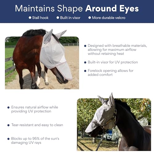 Horse Fly Mask with Nose Cover and Ears - 95% UV Eye Protection - Built-in Visor - Breathable, Lightweight Mask - Adjustable Fit for Comfort Horse Medium/Large Size