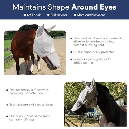 Horse Fly Mask with Nose Cover and Ears - 95% UV Eye Protection - Built-in Visor - Breathable, Lightweight Mask - Adjustable Fit for Comfort Horse Medium/Large Size