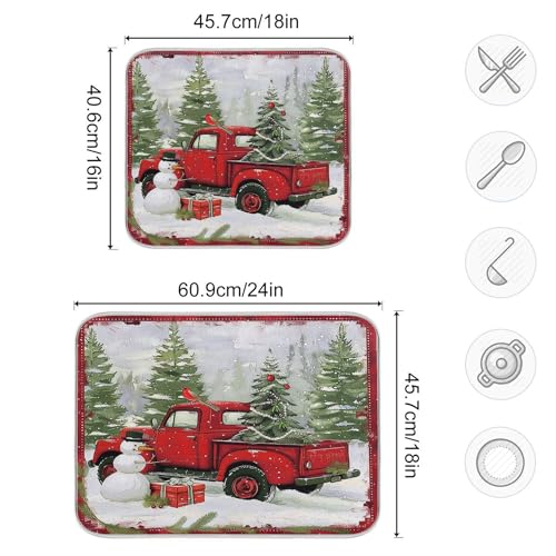 Christmas Red Truck Snowman Dish Drying Mat 18x24 for Kitchen Winter Xmas Tree Snowflake Cardinal Bird Dishes Pad Dish Drainer Rack Mats Absorbent Fast Dry Kitchen Accessories