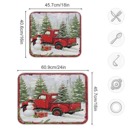 Christmas Red Truck Snowman Dish Drying Mat 18x24 for Kitchen Winter Xmas Tree Snowflake Cardinal Bird Dishes Pad Dish Drainer Rack Mats Absorbent Fast Dry Kitchen Accessories