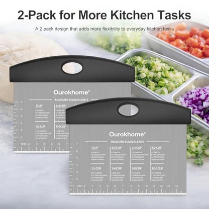 Ourokhome 2 Pack Bench Scraper Dough Cutter, Stainless Steel Dough Scraper with Laser-Etched Scale, Conversion Chart, Non-Slip Handle, Dishwasher Safe for Bread & Pastry, Black - color: Black