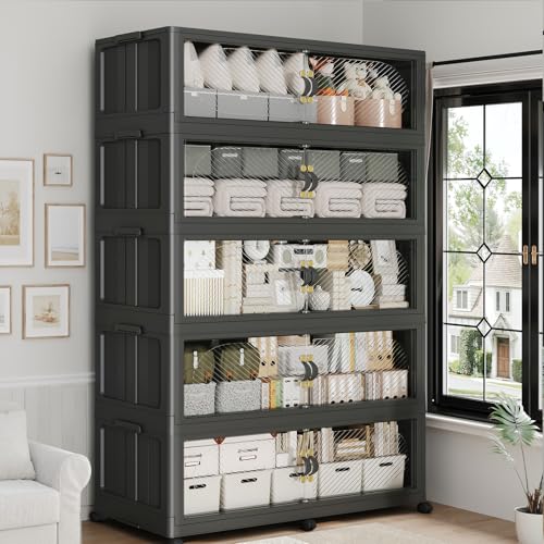 1200QT Extra Large Stackable Storage Bins with Lid & Wheels & Doors, 300Gal Foldable Collapsible Closet Organizers, Plastic Cabinet Box Container Drawer for Home Kitchen Bedroom, 5Pack Black - color: Black, size: 240QT-5Pack