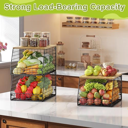 Jakyitvi 4 Pack Stackable Wire Baskets with Fixed Wooden Top, Vegetable Fruit Storage Bins for Onion Potato Snack, Pantry Baskets for Kitchen Cabinet Countertop, Pantry Organizers and Storage Rack - size: 4 Pack with Wooden Top