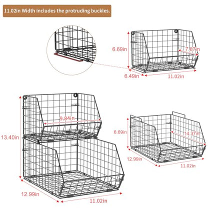2-Tier Potato and Onion Storage Bin, Stackable Wire Baskets for Countertop | Large Fruit and Vegetable Storage, Wall-Mount Kitchen Pantry Organizer with Ventilated Mesh to Keep Produce Fresh for Cabinet - size: 2-tier Large