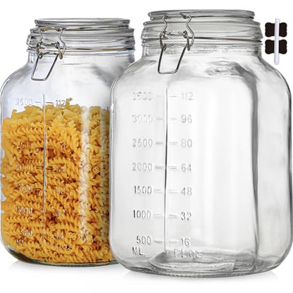 1.1 Gallon Large Glass Food Storage Jars with Airtight Lids,Set of 2 Square Wide Mouth Airtight Glass Storage Container,135oz Kitchen Mason Jar with Measurement Mark,for Flour Sugar Canning.