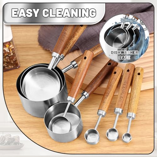Measuring Cups and Spoons Set,Premium Stainless Steel Measuring Cups and Spoons Set with Wood Handle, 8-Pieces Kitchen Essentials for Baking, Coffee with Ergonomic Grip & Engraved Markings(Silver8) - color: Silver8