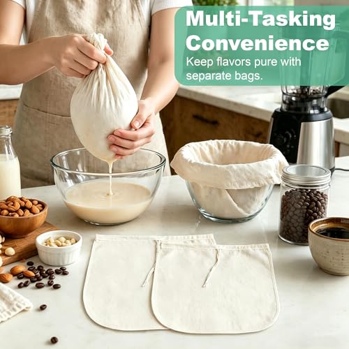 Reusable Nut Milk Bag 14x14in 3 Pack Natural Unbleached Cotton Strainer Bag | Large Cheesecloth Bag for Homemade Nut Milk, Cold Brew, Tea & Fruit Juice - color: 3 Pack
