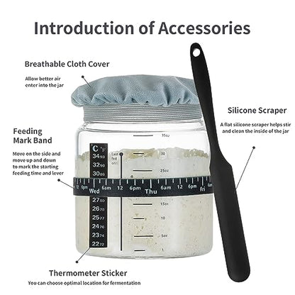 Wissy&Konny Sourdough Starter Jar 2Pack 35OZ with Ounce Scale Line,Date Marked Feeding Band, Thermometer, Sourdough Jar Scraper, Cloth Cover & Wood Lid, Wide Mouth for Sourdough Bread Baking - color: Wood Lids-2 Pack