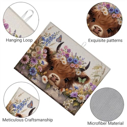 Absorbent Kitchen Dish Drying Mat Quick Dry Heat Resistant Hide Stain for Glasses Coffee Espresso Machines Pots Pans and Dish Racks,18" x 24" Cute Highland Cow Flower Pattern - color: Cute Highland Cow Flower