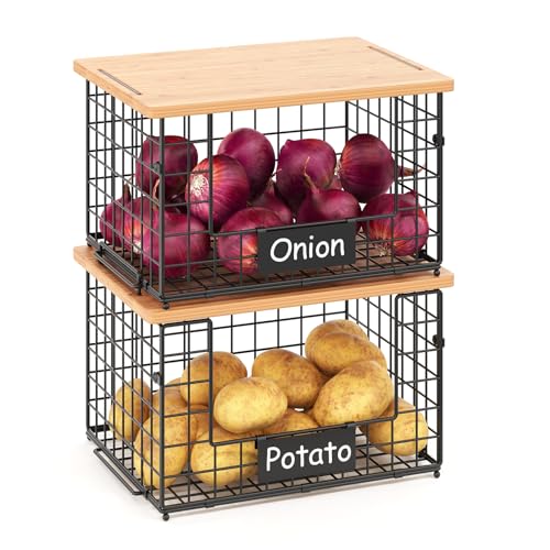 keomaisyto 2 Set XL Stackable Wire Baskets with Bamboo Top- Pantry Organizers and Storage, Kitchen Organization Counter Storage Bins for Potato/Onion/Fruit/Vegetable/Produce, Under Sink Organizing - size: XL-17.28x13.15x8.43