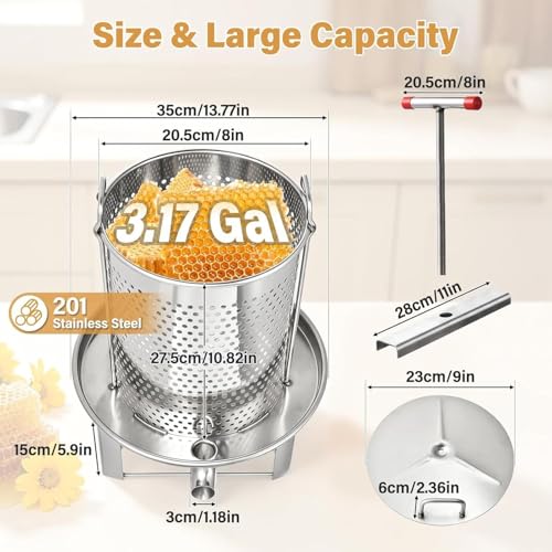 Honey Presser Beeswax Extractor Beekeeping Machine Stainless Steel Household Manual Honey Press Extractor Beekeeping Tool for Wine Honeys and Juice Making (201 Stainless Steel)