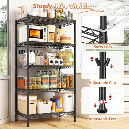 REIBII Metal Shelving 5 Tier Wire Sturdy Storage Shelves Adjustable Steel Organizer Wire Rack for Kitchen Laundry Room Commercial School Storage Room Black 63“Hx 21.65“L x 11.8”D - size: 【5 Tier】63"H X 21.65"W X 11.8"D