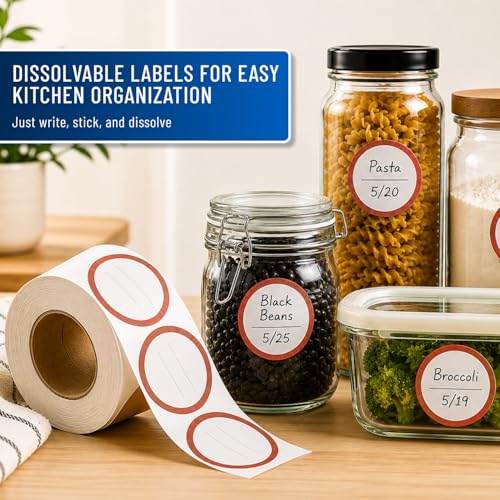 Water Soluble Labels for Food Containers – Dissolvable Kitchen Labels – No Sticky Residue – 2" Diameter, Two-Line Writable Surface, 200 Labels Per Roll (Red) - color: Red