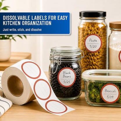 Water Soluble Labels for Food Containers – Dissolvable Kitchen Labels – No Sticky Residue – 2" Diameter, Two-Line Writable Surface, 200 Labels Per Roll (Red) - color: Red