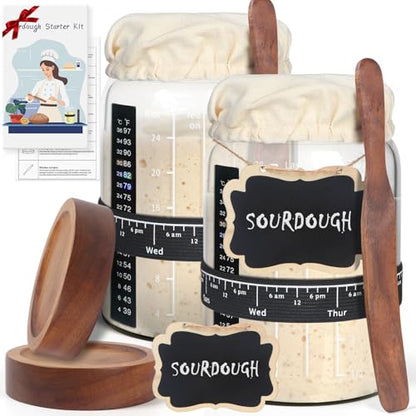 Kmise 2 Pack Sourdough Starter Jar Glass, 34 Oz Wide-mouth Sourdough Starter Jar Kit W/Acacia Spatula, Cholkboard Sign, Thermometer, Feeding Band, cloth cover,Reusable Sourdough Bread Baking Supplies - color: 2 ガラス