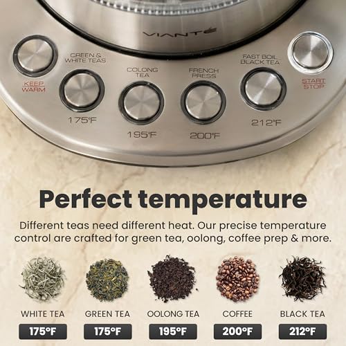 Viante Alba Electric Tea Kettle With Infuser, No Plastic, 1.5L | Borosilicate glass & 304 stainless steel construction. 4 temp presets, keep-warm, cordless, auto shut-off - style: Stainless Steel