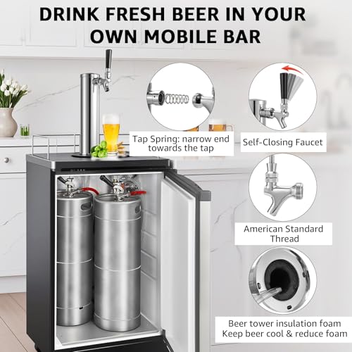 Single Beer Tap Tower, Draft Keg Tap Tower Brass Core Self-Closing Faucet Stainless Kegerator Tower Brewing Tower Kit with Kegerator Lines Parts - size: Single Tap Beer Tap Tower