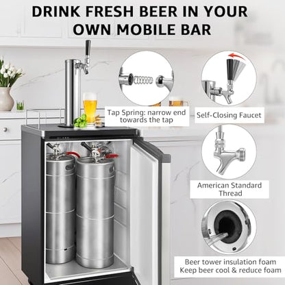 Single Beer Tap Tower, Draft Keg Tap Tower Brass Core Self-Closing Faucet Stainless Kegerator Tower Brewing Tower Kit with Kegerator Lines Parts - size: Single Tap Beer Tap Tower