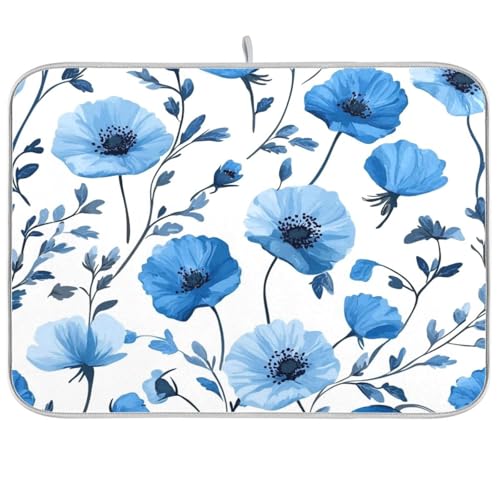 Blue Poppy Flowers and Branches Dish Drying Mat for Kitchen Counter Microfiber Absorbent Drainer Draining Rack Mats Small Cloth Kitchen Drying Pad Heat Resistant for Countertop 18x24 - color: Blue Poppy Flowers and Branches, size: 18x24in