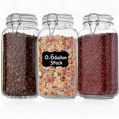 Liuruiyu 78oz Glass Food Storage Jars with Airtight Clamp Lids, 3 Pack Wide Mouth Large Kitchen Canisters for Flour, Cereal, Beans, Pasta and Canning, Square Mason Jar with Labels