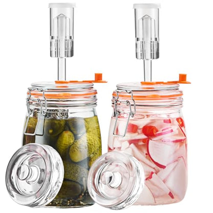 Fermentation Jars, 1.1L Fermenting Kit with Airlocks &Glass Weights, 2-Pack | Wide-Mouth Jars with Self-Burping Airlocks and Glass Weights for Sauerkraut, Kimchi, Pickles and Other Ferments - size: 1.1 Liter