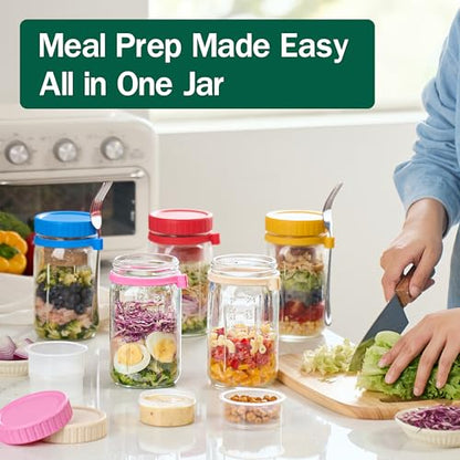 Danmu 32 oz Salad Jars with 2 Dressing Cups & Forks - Glass Mason Jar Meal Prep Containers,Wide Mouth,Leak Proof,Dishwasher Safe - Dry Wet Food Separation for Fresh Salad,Leftovers 4 Pack - color: Multicolor