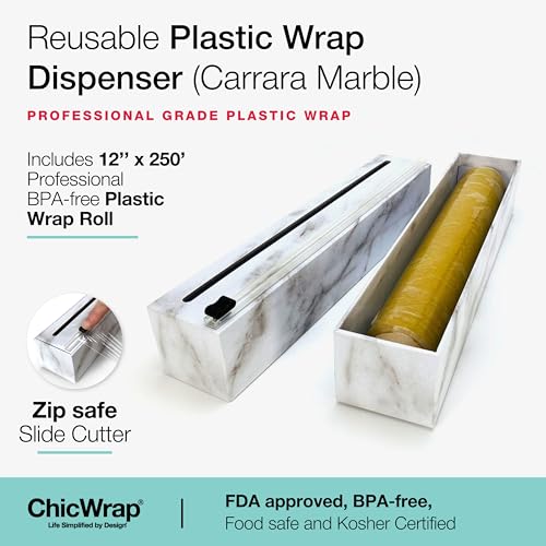 Chicwrap Carrara Marble Refillable Plastic Wrap Dispenser - One 12" x 250' Roll of Professional Grade Plastic Wrap - BPA Free and Kosher Certified - Reusable Dispenser w/Slide Cutter - style: Marble