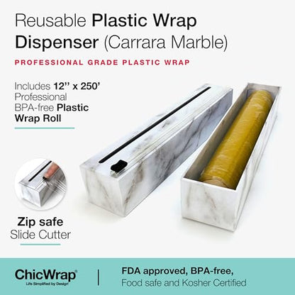 Chicwrap Carrara Marble Refillable Plastic Wrap Dispenser - One 12" x 250' Roll of Professional Grade Plastic Wrap - BPA Free and Kosher Certified - Reusable Dispenser w/Slide Cutter - style: Marble