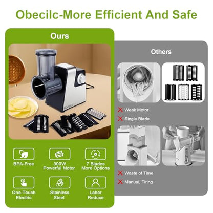 Upgraded 300W Electric Cheese Grater with 7 Stainless Steel Blades, Cheese Shredder Electric for Slicing, Shredding & Grinding Vegetables, Fruits and Nuts,Easy One-Touch Control