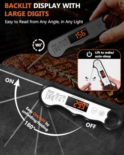 COOLMI Instant Read Meat Thermometer, 2-4 Sec, Waterproof, Rechargeable | Large Bright LED Display, Hold And Recalibration, Foldable Probe, Magnetic Storage And Up To 11 Hours Of Use - color: Rechargeable Model-Black