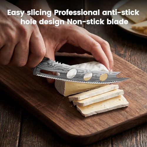 SYOKAMI Cheese Knife, 5.5 Inch Serrated Cheese Cutter for Soft and Hard Cheese, Pronged, Multi-Use Non Stick Design, High Carbon German Steel, Full Tang & Ergonomic Handle Design, Ideal Gift