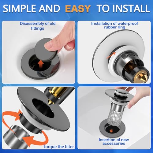 Bathroom Sink Drain Strainer,(2PCS) Pop-up Sink Drain Strainer with Removable Stainless Steel Strainer Basket Hair Catcher, Bathroom Sink Strainer for Bathroom Sink Stopper Replacement - color: Matte Black-2pack