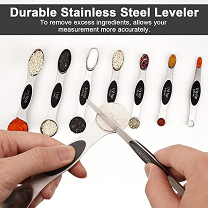 Aovchei 9 PCS Magnetic Measuring Spoons Set, Dual Sided, Stainless Steel Small Tablespoon, Teaspoons, Fits in Spice Jars, for Dry and Liquid, Black - size: 9pcs-black