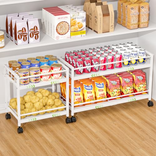 1 Pack 2-Tier Expandable Pantry Floor Organizer Cart, Rolling Pantry Storage Cart with Wheel, Adjustable Can Organizer for Kitchen Pantry, Pantry Shelves and Storage Rack for Snacks, Vegetables, White - color: White