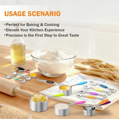 13-Piece Magnetic Measuring Spoons and Cups Set, Stainless Steel Kitchen Measure Tools with Silicone Handles, Nesting Dry and Liquid Measuring Cups for Baking Cooking (Multicolor) - color: Multicolor