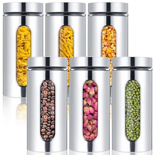 Mimorou 6 Pack Kitchen Canisters Set Airtight Coffee Sugar Tea Candy Storage Jars with Window Glass Stainless Steel Containers with Lids for Flour Cookies Spices Grains Kitchen Decorations(44 oz) - color: Silver, size: 44 oz