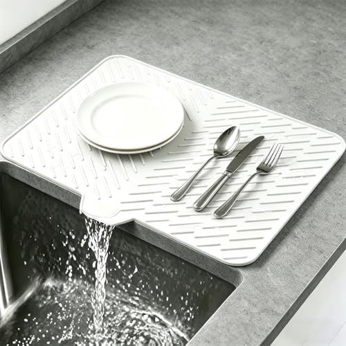 Silicone Dish Drying Mat for Kitchen Counter,23"X17" With Built-in Drain Lip,Food-Grade Silicone,Heat-Resistant Eco-friendly Hygienic Drying Mat Leak-Proof and Non-Slip,Multi-Functional Use（White） - color: White, size: 23" x 17"
