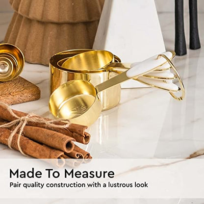 White and Gold Measuring Cups and Spoons Set – 8-Piece Stackable Stainless Steel Measuring Set – Stylish Gold Kitchen Accessories for Precise Baking and Cooking, Ideal Gift for Bakers and Chefs - color: White