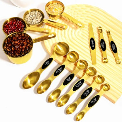 13pcs Gold Stainless Steel Measuring Cups and Spoons Set, 8 Double-Sided Magnetic Measuring Spoons Set & 4 Metal Measuring Cups & 1 Leveler for Kitchen Dry & Liquid Cooking Baking - color: Gold