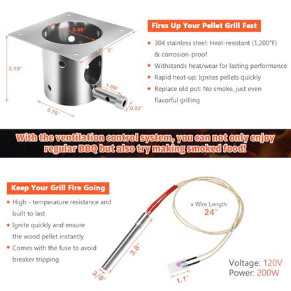 QuliMetal 304 Stainless Steel Fire Burn Pot & Hot Rod Ignitor Kit – Replacement Parts for Traeger & Pit Boss Wood Pellet Grill Smoker, Durable Fire Pot with Ash Remover, Screws and Fuse, Easy Install - size: L1 Fire Burn Pot + Hot Rod Ignitor