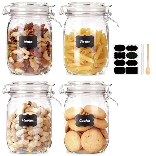 Flrolove 32oz Set of 4 Glass Kitchen Storage Canister Mason Jars with Lids | Airtight Glass Canister with Hinged Lid, Perfect for Kitchen Canning Cereal, Pasta, Sugar, Coffee Beans, Label & Chalk Marker - size: 32oz*4-round