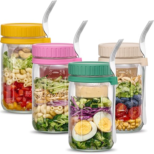 Danmu 32 oz Salad Jars with 2 Dressing Cups & Forks - Glass Mason Jar Meal Prep Containers,Wide Mouth,Leak Proof,Dishwasher Safe - Dry Wet Food Separation for Fresh Salad,Leftovers 4 Pack - color: Multicolor-B