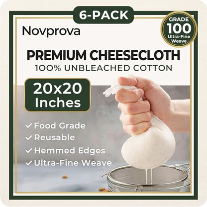 6Pcs Grade100 Cheese Cloths,20x20 Inch,100% Unbleached Cotton,Pre-Cut Reusable Muslin Cheese Cloth for Cooking and Straining, Hemmed Edges