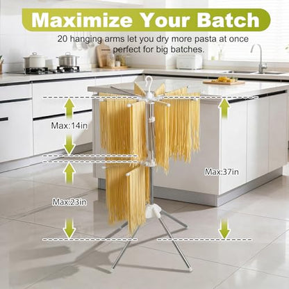 Pasta Drying Rack, 20-Rod Double Layer Large Capacity Pasta Dryer, 304 Stainless Steel 360° Rotating Foldable Noodle Stand for Homemade Spaghetti, Fettuccine, Family Pasta Night