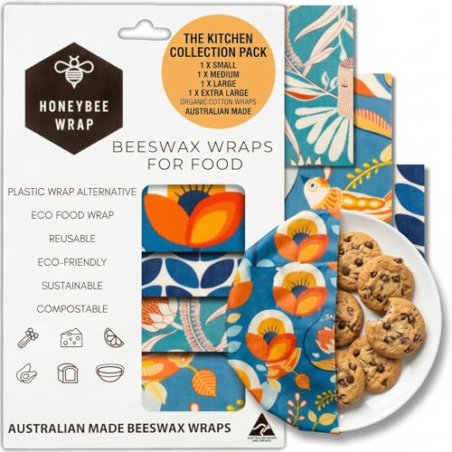 Beeswax Wraps for Food - The Kitchen Collection - Organic Cotton Beeswax Wrap - Reusable Beeswax Food Wrap - Plastic Wrap/Sandwich Bags Alternative - 4 Pack, S, M, L & XL - color: 4 Pack (S, M, L, XL)