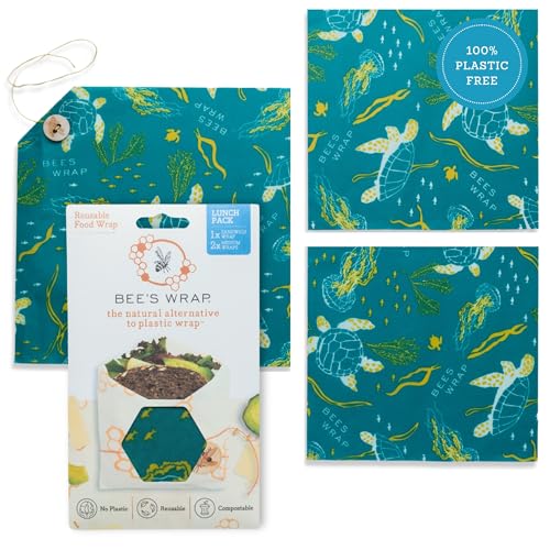 Bee's Wrap Beeswax Wraps for Food - 3 Pack of Assorted Beeswax Wraps - 2 Medium & Sandwich Wrap - Plastic Free Made in USA Reusable Natural Food Wrap - Ocean - style: Lunch Pack Ocean