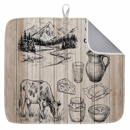 Farm Milk 1 Pack Dish Drying Mat for Kitchen Counter 18''x24'' Graffiti Cow Cartoon Cheese Gray Pastoral Landscape Retro Absorbent Dish Bowl Dishes Drainer Mat Reversible Drying Rack Pad for Coffee - color: Brown, size: 18"W x 24"L (Pack of 1)
