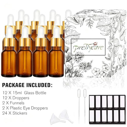 PrettyCare Glass Eye Dropper Bottles 24 Pack, 0.5oz (15ml) Small Amber Empty Thick Bottles with Leakproof Golden Caps - With Labels & Funnels for Storage, Travel, Essential Oils, Tinctures - color: 0.5oz Amber, style: 24 Pack