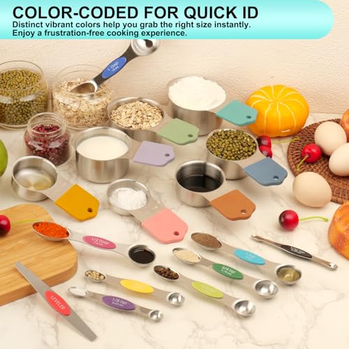 Magnetic Measuring Cups and Spoons Set of 16, 7 Stainless Steel Measuring Cups, 8 Double-Sided Measuring Spoons with 1 Leveler, Color Coded Handles, Dual Markings for Dry and Liquid Ingredients - color: Silver